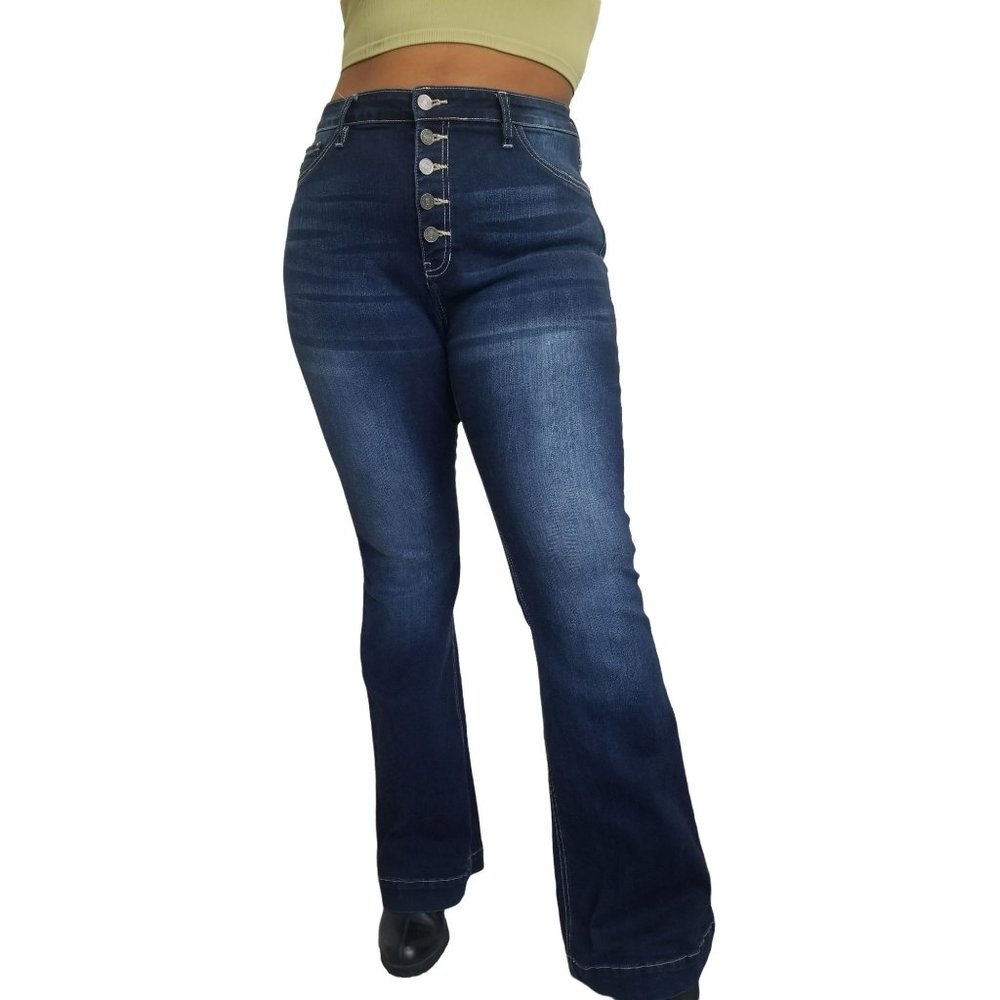 KanCan High Rise Button Fly Flare Denim Jeans Size XL Dark Wash Chic Groovy